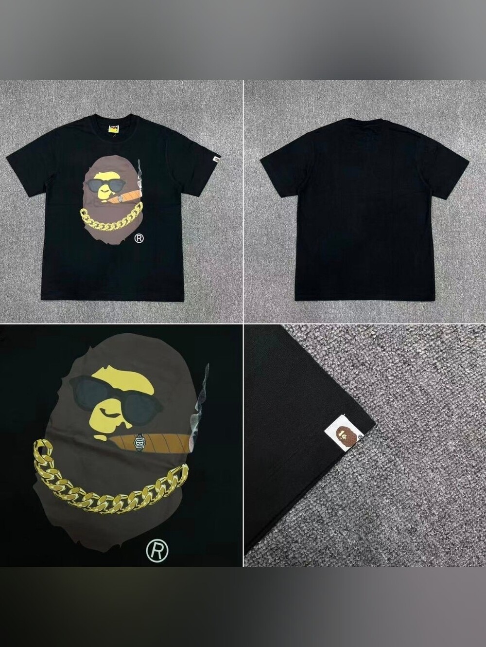 Bape Black Ape Head Graphic Tee with Gold Chain